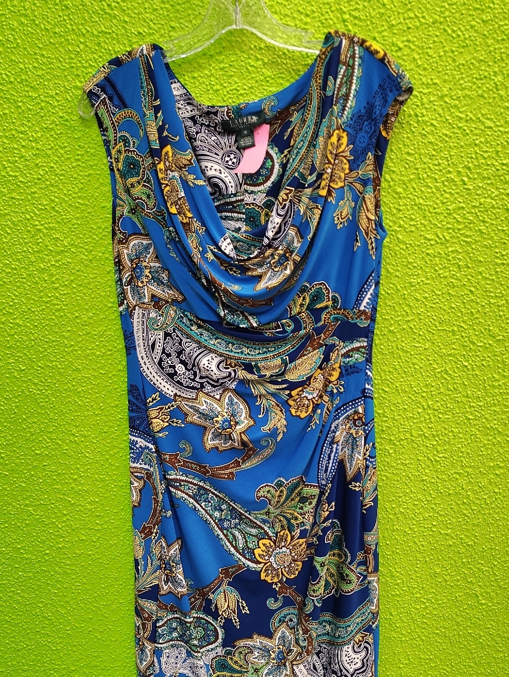 Lauren Ralph Lauren Blue Paisley Cowl Neck Dress with Gold Accents